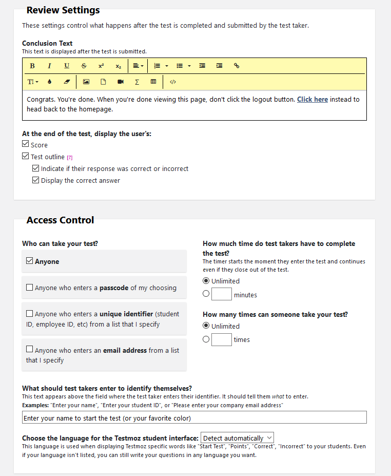 A screenshot of the Testmoz quiz settings page