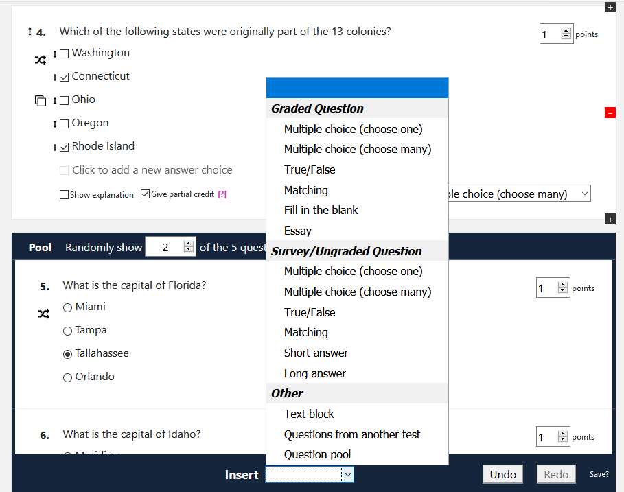 A screenshot of the Testmoz quiz builder