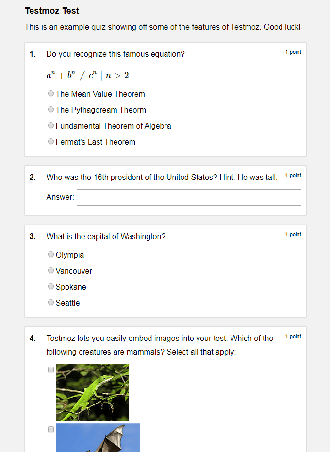 A screenshot of the Testmoz quiz maker