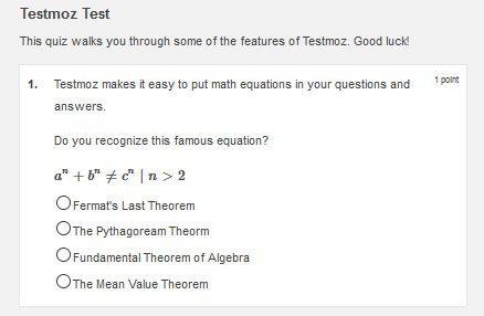 A screenshot of the Testmoz student interface