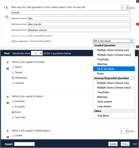 A screenshot of the Testmoz quiz builder